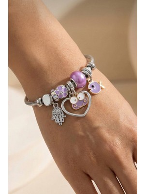 Normadia Mor Gümüş Charm Bileklik, Kalp, Papatya, Kurbağa ve Balık Detaylı