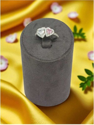 Lunel Silver 925 Ayar Gümüş Çift Kalpli Pembe ve Beyaz Taşlı Yüzük – Romantik ve Zarif Tasarım