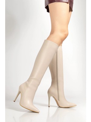 Pazarcan LS-226 Bej Cilt Fermuarlı Lastikli Ince Yüksek Topuklu Kadın Çizme