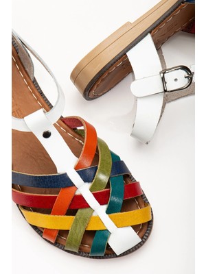 Pazarcan 205-02 Beyaz Multi Ortopedik Hakiki Deri Kadın Sandalet