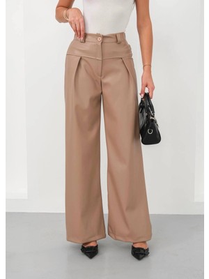 Pazarcan Deri Geniş Paça Beli Lastikli Pantolon Bej H263644