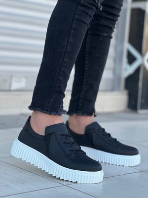 Pazarcan KB-X502 Kuback Siyah Cilt Yüksek Beyaz Taban Bağcık Detaylı Lastikli Günlük Erkek Ayakkabı