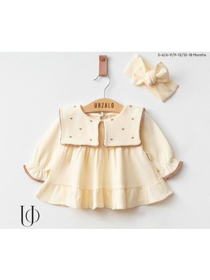 Bebeva Baby Kız Bebek %100 Pamuklu Kalp Nakışlı Geniş Bebe Yakalı Bandanalı Özel Gün Elbisesi