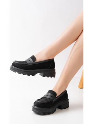 Pazarcan 746-759 Siyah Süet Günlük Yüksek Tabanlı Loafer Ayakkabı