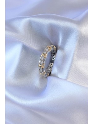 Calperia Gümüş Renk Zirkon Taşlı Gold Renk Detay Xoxo Kadın Yüzük