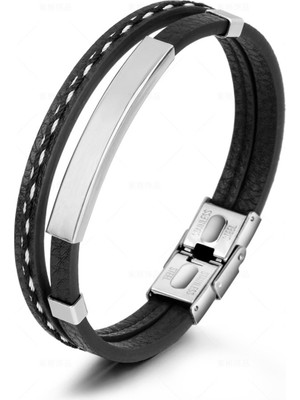Normadia Şık Siyah Deri ve Gümüş Çelik Bileklik, Isme Veya Harfe Özel Tasarım