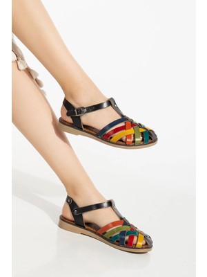 Pazarcan 205-02 Siyah Multi Ortopedik Hakiki Deri Kadın Sandalet