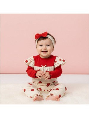 Bebeva Baby Kız Bebek %100 Pamuklu Fisto Dantel Yakalı Kırmızı Kalp Desenli Bandanalı Tekli Tulum