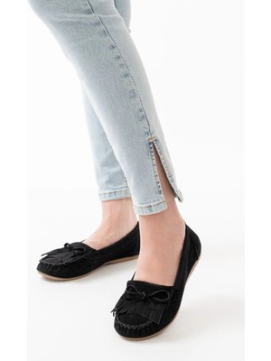 Pazarcan PS-100 Siyah Süet Püsküllü Günlük Kadın Babet