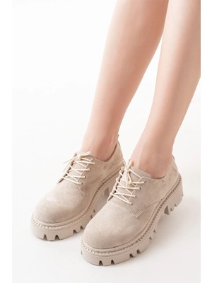 Pazarcan 868-754 Bej Süet Bağcıklı Günlük Yüksek Tabanlı Loafer Ayakkabı