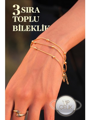 Normadia Şık Toplu 3'lü Yılan Zincir Bileklik Seti, Altın ve Gümüş Renkler