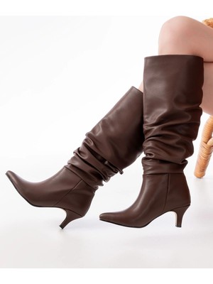 Pazarcan SR-2001 Kahverengi Ince Topuklu Günlük Bayan Çizme