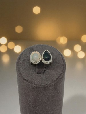 Lunel Silver El Işçiliği Siyah ve Beyaz Opal Taşlı 925 Ayar Gümüş Kadın Yüzük – 17 Numara