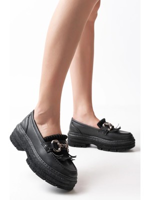 Pazarcan 749-750 Siyah Tokalı Günlük Yüksek Tabanlı Loafer Ayakkabı