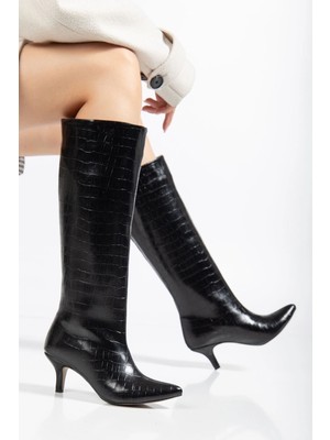 Pazarcan SYT-2025 Siyah Kroko Günlük Kadın Çizme