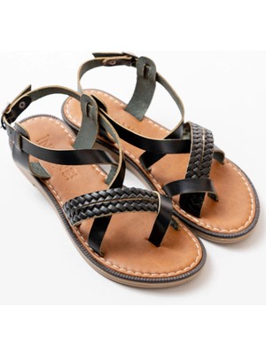 Pazarcan 205-09 Siyah Ortopedik Hakiki Deri Kadın Sandalet