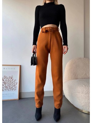 Pazarcan Kendinden Kemerli Triko Pantolon Camel