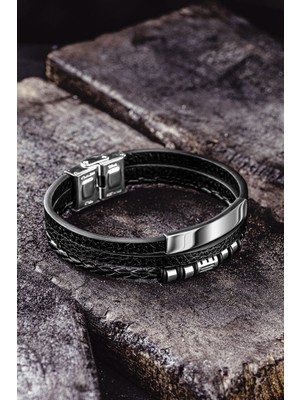 Normadia Özel Tasarım Erkek Deri Bileklik, Paslanmaz Çelik Detaylı