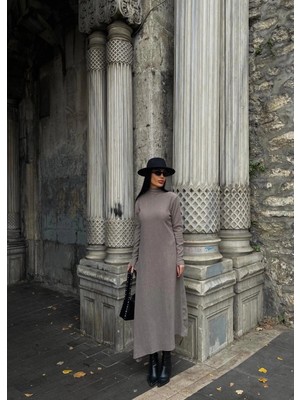 Pazarcan Boğazlı Kalın Bürümcük Uzun Elbise Vizon