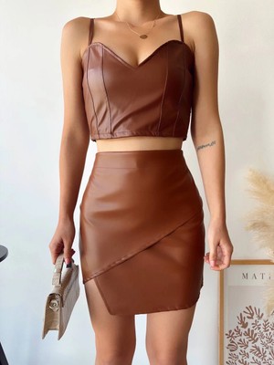 Pazarcan Kapaklı Asimetrik Model Deri Etek Kahve S240106