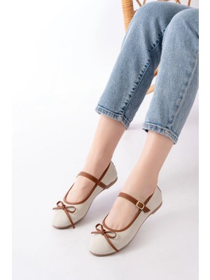 Pazarcan 6321 Bej Keten Günlük Baret Tokalı Bayan Babet