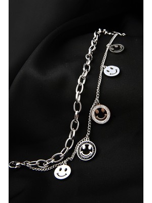 Normadia Parlak Zirkon Taşlı Çelik Gümüş Renk Gülen Yüz Bileklik