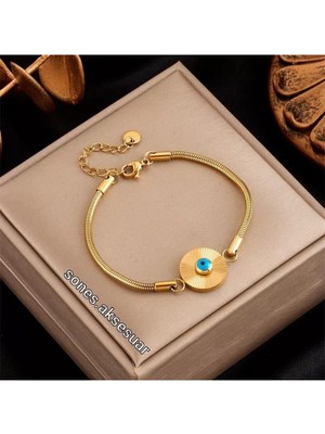 Normadia Parlak Gold Çelik Bileklik, Nazar Boncuklu, Şık ve Dayanıklı Tasarım
