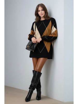 Mamayaga Kadın Uzun Kol Baklava Desen Bisiklet Yaka Tunik Boy Triko Büyük Beden Oversize Kazak Tunik