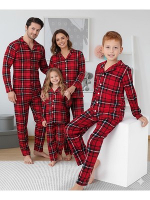 Ekose Desenli Düğmeli Uzun Kollu Süet Pijama Takımı