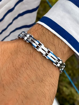 Normadia Çift Taraflı Paslanmaz Çelik Erkek Bileklik Gümüş ve Lacivert Detaylı