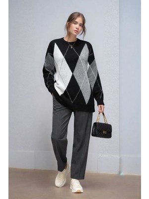 Mamayaga Kadın Uzun Kol Baklava Desen Bisiklet Yaka Tunik Boy Triko Büyük Beden Oversize Kazak Tunik