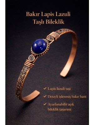 Normadia Erkek ve Kadın Için Doğal Lapis Lazuli Taşlı Bakır Bileklik ve Kelepçe