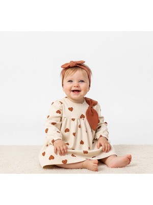Bebeva Baby Kız Bebek %100 Pamuklu Büyük Kalp Desenli Fiyonk Aksesuarlı Uzun Kollu Bohem Elbise