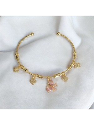 Normadia 14K Altın Pembe Zirkon Kelebek ve Yonca Tasarımlı Ayarlanabilir Bileklik