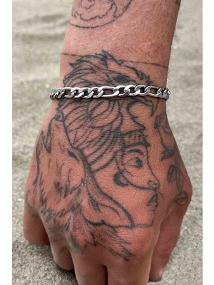 Normadia Kalın Gümüş Çelik Unisex Bileklik, Silver Figaro Model 5 mm