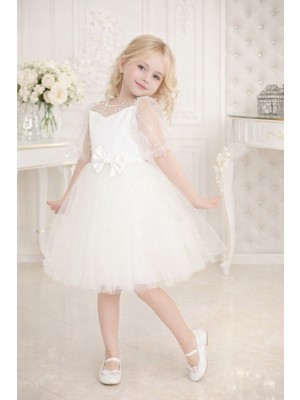 Treemass Abiye Kız Çocuk Elbisesi Tüllü Saten Incili Düğün ve Doğum Günü