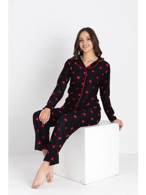 Kalp Desenli Düğmeli Uzun Kollu Anne Kız Pijama Takımı