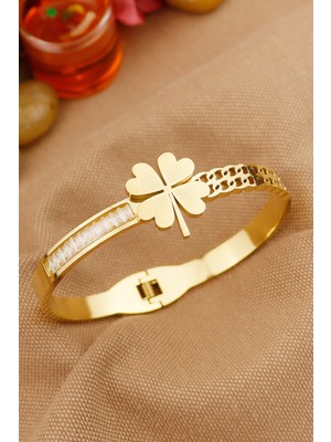 Normadia Zirkon Taşlı Yonca Model Paslanmaz Çelik Bileklik, Zarif ve Şık Tasarım