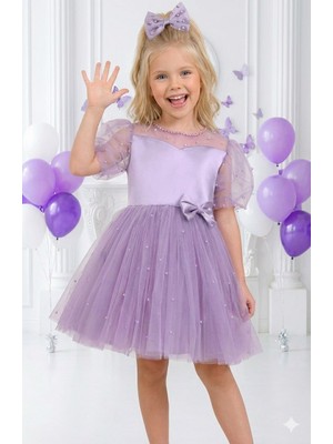 Treemass Abiye Kız Çocuk Elbisesi Tüllü Saten Incili Düğün ve Doğum Günü