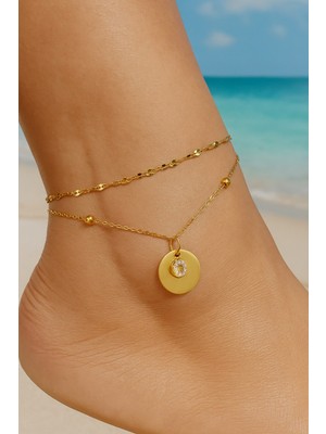 Normadia Altın Renk Zirkon Pul Model Singapur ve Top Zincir Çelik Halhal