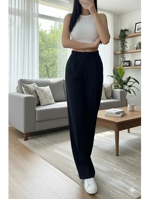 ArVib Solmayan Siyah Likralı Süper Yüksek Bel Salaş Geniş Paça Pantolon