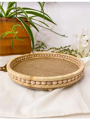 Ahşap Küçük Boncuklu Hasır Doğal Rafya/jüt Tepsi, Dekoratif Tepsi, Banyo, Ev, Dekor Tepsi