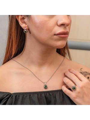 Inure Jewelry Gümüş Yeşil Çiçek Desenli Otantik Kadın Set