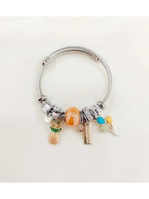 Normadia Turuncu Taşlı Ananas ve Balon Detaylı Şık Çelik Charm Bileklik