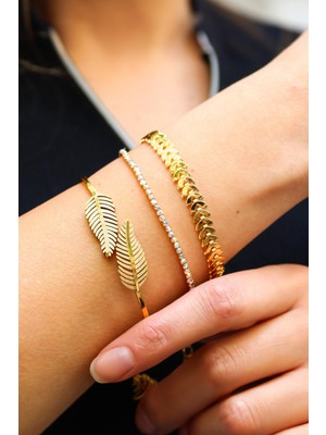 Normadia Şık Başak Desen Bileklik ve Yaprak Detaylı Çelik Kelepçe Seti