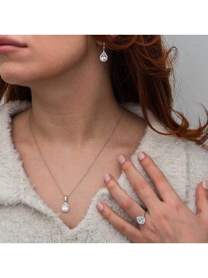 Inure Jewelry Gümüş Beyaz Zirkon Taşlı Damla Kadın Set