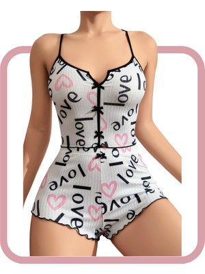 Zarvia Love Yazılı Kalp Baskılı Şort Atlet Takım Pamuk Beyaz