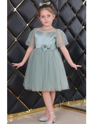 Treemass Abiye Kız Çocuk Elbisesi Tüllü Saten Incili Düğün ve Doğum Günü