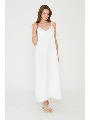 Camenta Ince Askılı Sırt Detaylı V Yaka Dökümlü Uzun Elbise