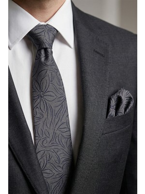 Milleniva Çiçekli Gri Kravat & Mendil